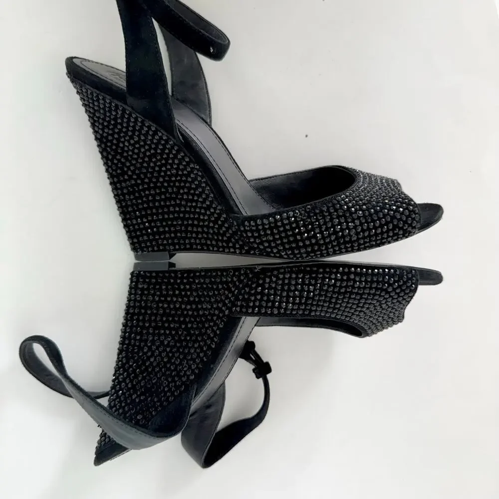 Tory Burch Suede Embellished Wedge Sandals Black Sparkly 9M